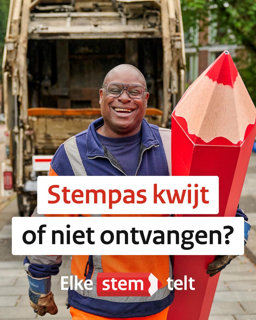 poster verkiezingen, man met bril en groot rood potlood