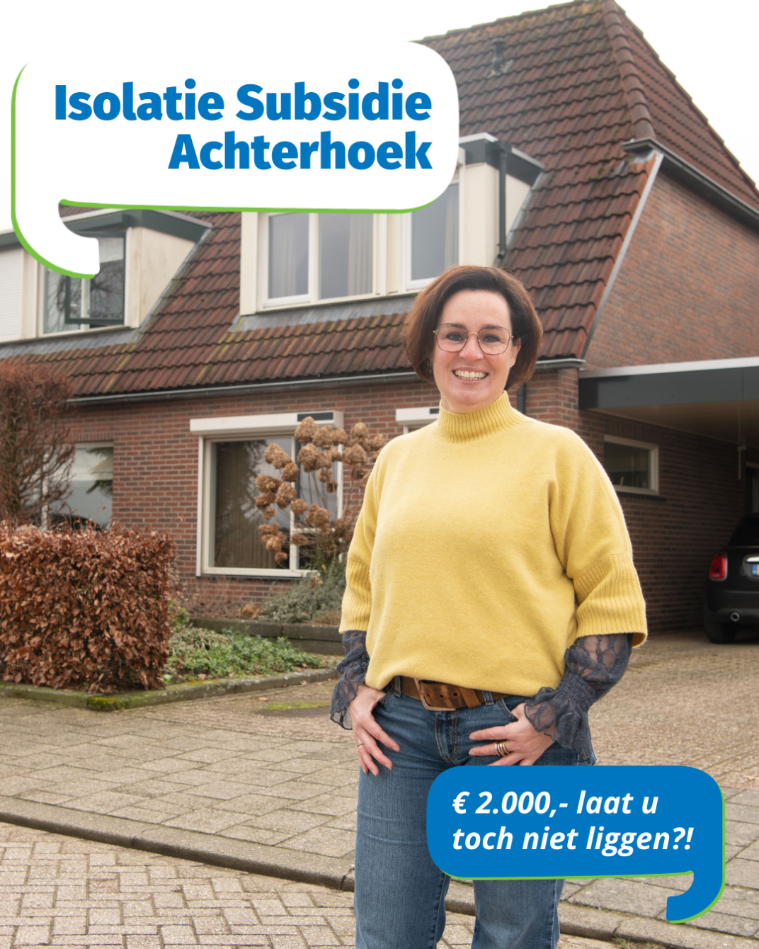 vrouw met huis op de achtergron