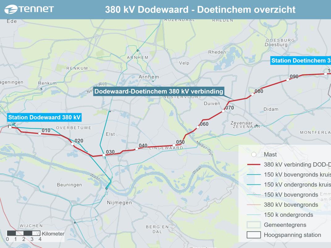 Overzichtskaart opwaardering hoogspanningsverbinding DOD-DTC